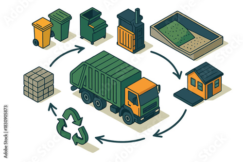 Waste management and recycling process with garbage truck and collection bins