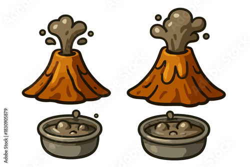 Cartoon icons set of erupting volcano spewing smoke and bubbling cauldron
