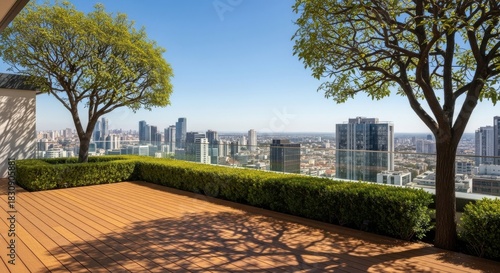Luxury rooftop balcony with city view and trees
