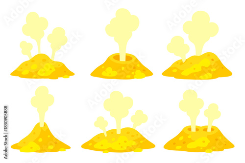 Six cartoon yellow volcanoes or smoking mounds emitting steam and toxic gas