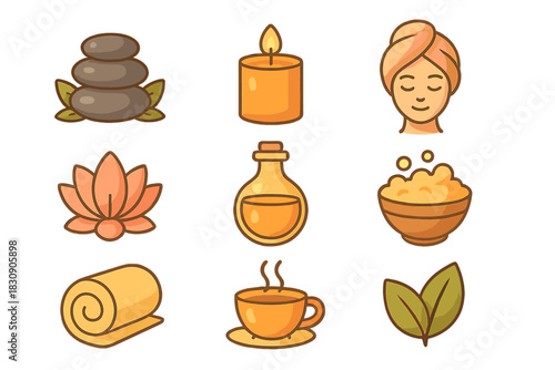 Set of spa and wellness symbols including massage stones, essential oil, and lotus flower