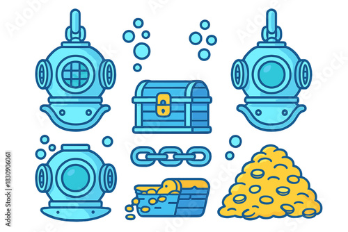 Antique diving helmets, locked treasure chests, and piles of shiny gold coins