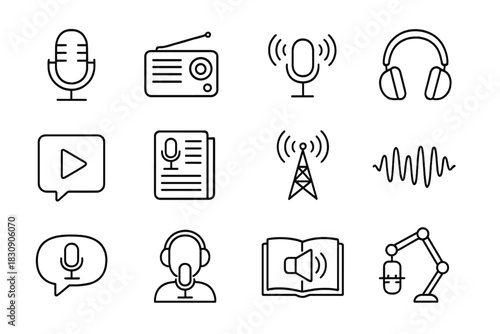 Audio broadcasting and podcasting symbols including microphone and sound waves