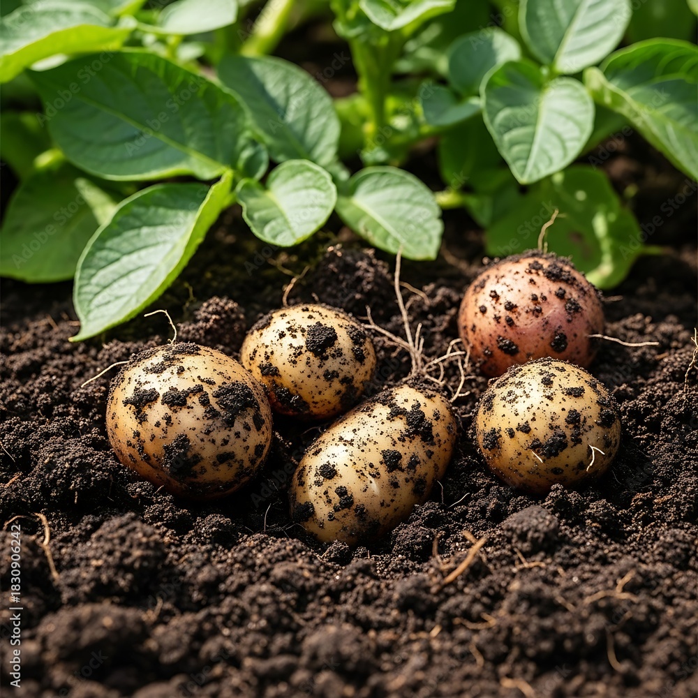 Obraz premium Potatoes Growing in Soil, Close Up View.