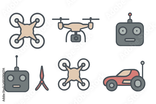 Various remote controlled devices and vehicles like quadcopters and radio transmitters for hobby