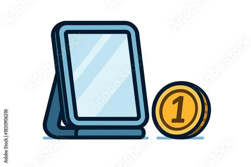 Standing mirror reflecting a single golden currency coin representing value assessment