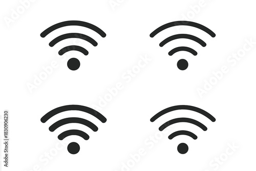 Set of four simple black Wi-Fi signal icons for wireless connection and internet access