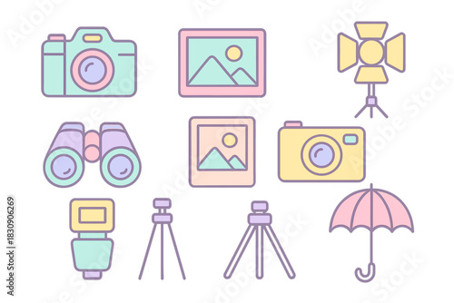 Pastel photography equipment icons set including cameras and lighting gear