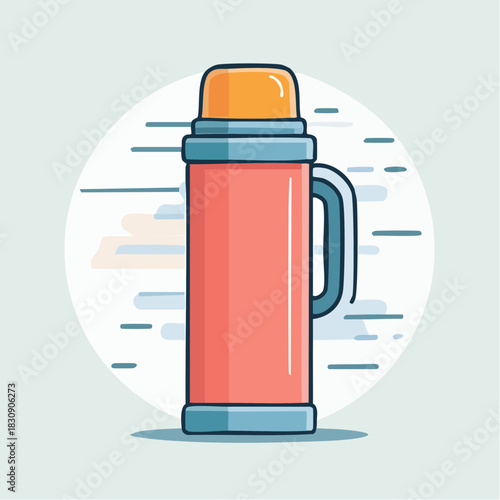 Coral Thermos Flask With Yellow Cap And Blue Accents On A Light Blue Background With Abstract Cloud Shapes