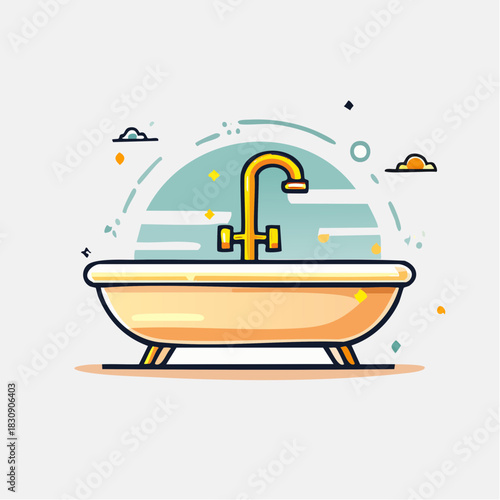 Vintage Clawfoot Bathtub With Golden Faucet And Light Blue Arched Background With Small Stars And Clouds