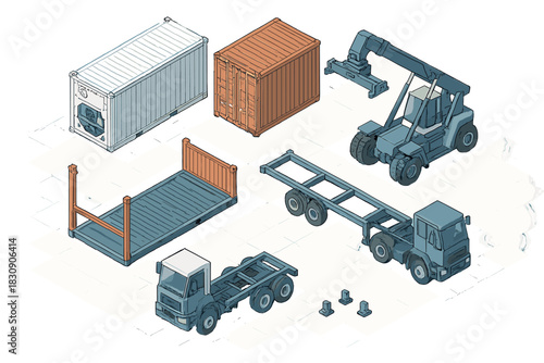 Isometric shipping containers, truck chassis, semi trailer, and port handling equipment
