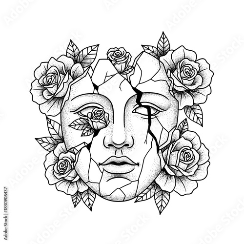 Broken Ancient Statue Face Adorned with Roses.