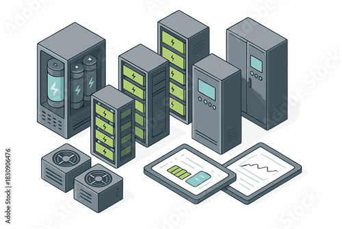 Power supply system with batteries, server racks, cooling units, and monitoring devices