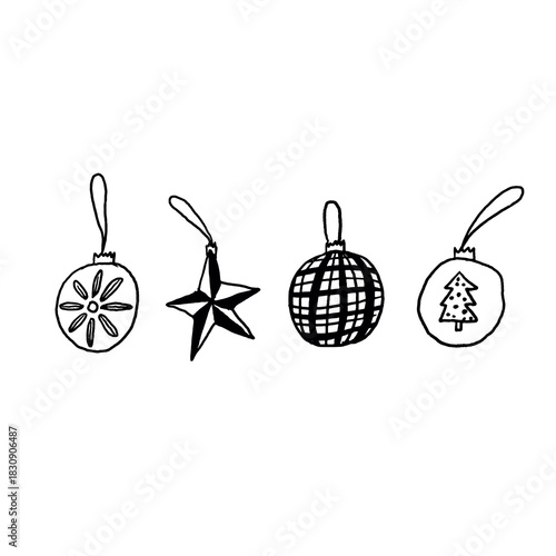 Four individual bauble illustrations, drawn by hand in black and grey.