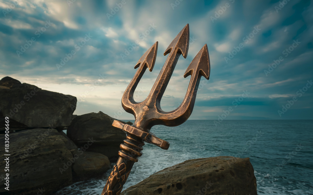 Fototapeta premium Ancient Bronze Trident Standing on Rocky Shore Against Stormy Sea Background