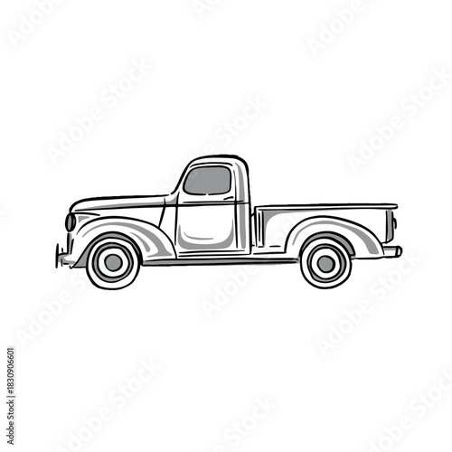 Pickup truck side profile, drawn by hand in black and grey.