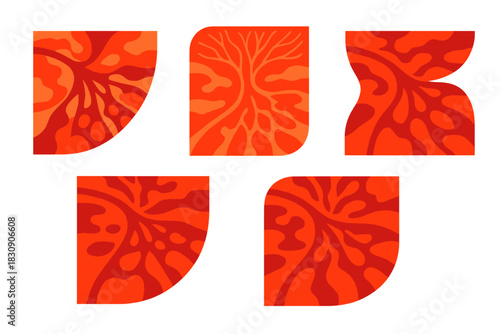 Abstract organic shapes with stylized root and branch patterns in fiery red tones