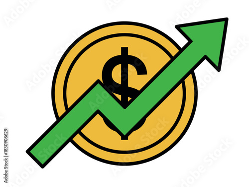 A green arrow indicating growth points upward across a golden coin with a dollar sign, symbolizing financial success and economic improvement.