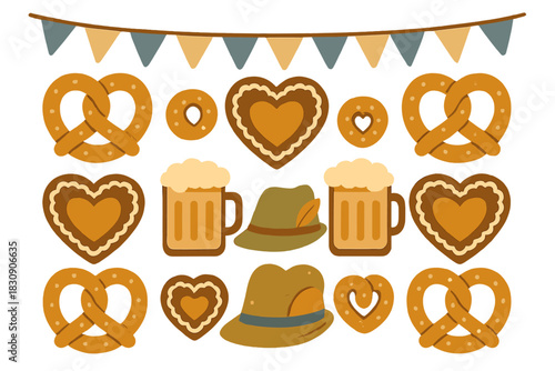 Traditional Bavarian Oktoberfest set with pretzels, gingerbread hearts, beer mugs, and trachten hats