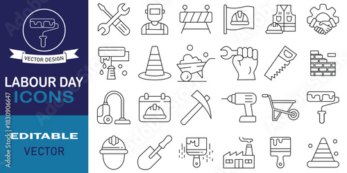 Labour Day icon collection set. Set of 24 outline web labour day icons such as factory, worker, mechanical engineering, cleaning, plumber and more. Vector illustration.