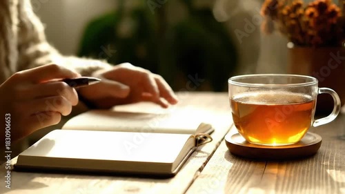 Close up on hands writing in a notebook next to a steaming cup of herbal tea on a wooden desk with soft natural light streaming in creating a warm and cozy atmosphere