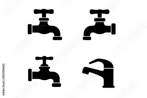 Collection of simple black silhouette icons representing various water faucets and taps