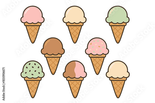 Assortment of sweet dessert ice cream cones in various flavors and colors
