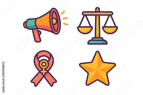 Essential symbols for social justice, women's rights, communication, and legal equality concepts