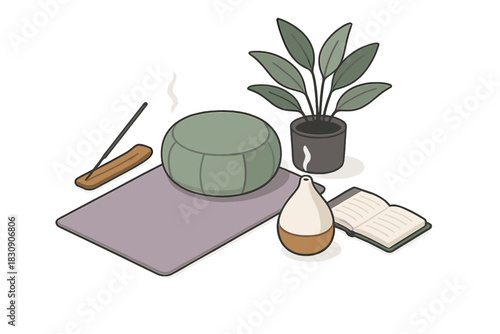 Isometric view of meditation essentials including zafu cushion yoga mat and aromatherapy diffuser