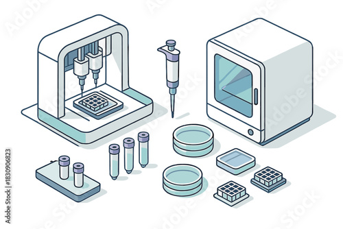 Automated laboratory equipment set with liquid dispenser, incubator, and scientific consumables in isometric view