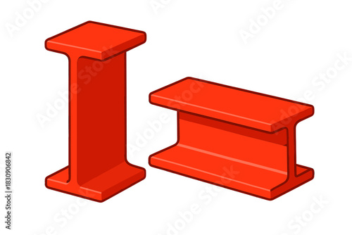Two heavy duty red metal I-beams for building and industrial support in isometric view