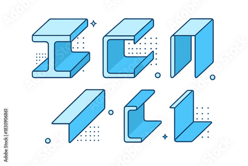 Isometric set of common metal profiles including I-beam, channel, and angle iron shapes