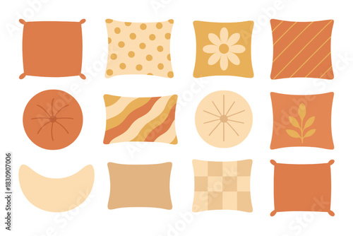 Twelve decorative pillows and cushions with various shapes, patterns, and warm earthy colors