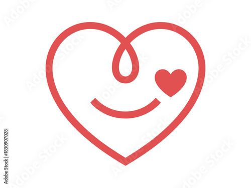 A simple red line drawing depicts a heart shape with a subtle smiley face and a smaller heart accent, symbolizing joy and affection.