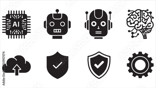 AI Tech Icons: A collection of meticulously crafted AI and technology icons, each a symbol of innovation, protection, and advancement in the digital realm. 