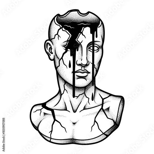 Cracked Marble Bust With Black Liquid Pouring Out.