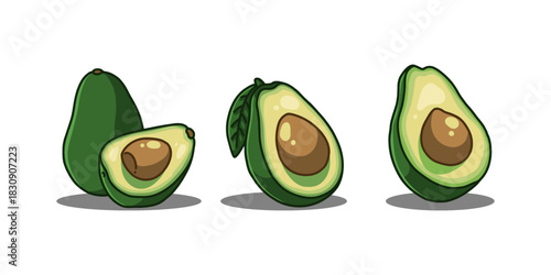 Hand-drawn collection avocado vector with whole and sliced fruit. Perfect for restaurant branding, food packaging, menus, and healthy-food design assets with a fresh, creamy, delicious look.
