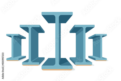 Group of structural steel I-beams standing in a row against a white background