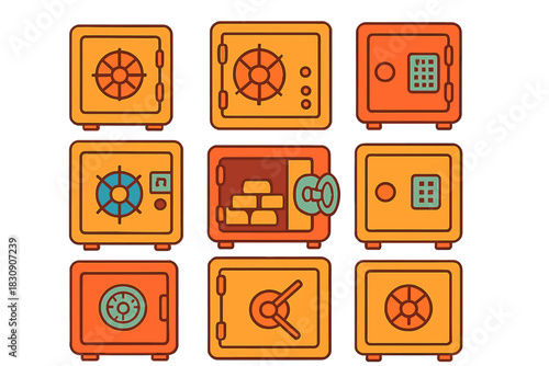 Collection of security safe boxes and vaults icons for money protection