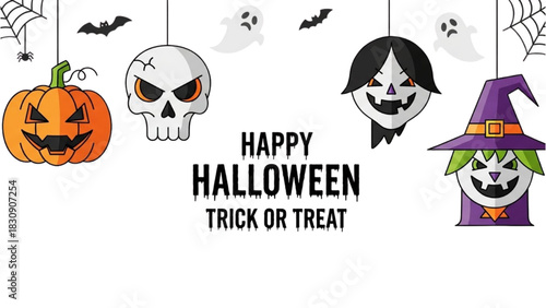 Happy Halloween Pumpkin, Skull, Witch, and Ghost Illustrations