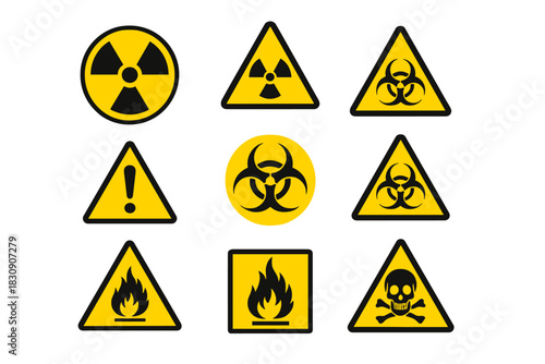 Universal hazard warning signs collection including radiation, biohazard, flammable, and toxic symbols