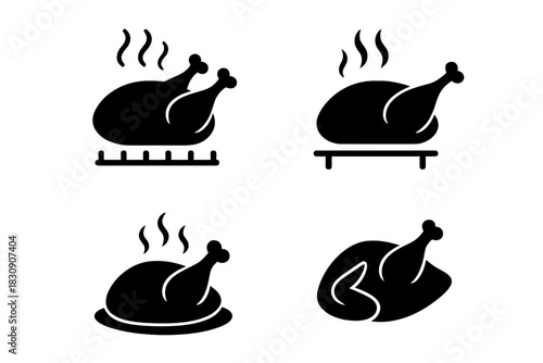 Roasted chicken and turkey poultry silhouettes prepared for cooking or serving dinner