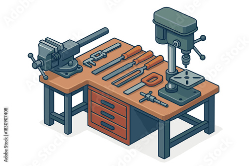 Isometric workbench setup with drill press vise and various hand tools for workshop tasks