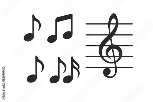 Collection of fundamental musical notes symbols and staff lines with treble clef