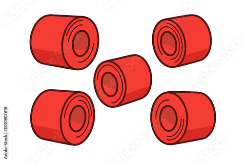 Five bright red skateboard wheels scattered randomly across a clean white background