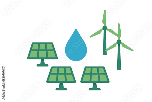 Solar panels, wind turbines, and water drop icon representing renewable energy sources