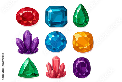 Vibrant polished jewels and natural mineral formations in various shapes and colors