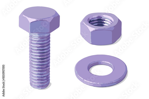 Vibrant purple metallic bolt, hexagonal nut, and flat washer isolated on white background