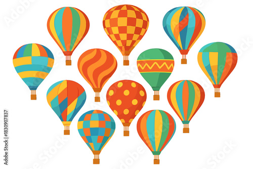 Collection of colorful hot air balloons with diverse patterns floating in the blue sky