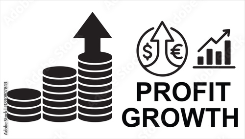 Profit Growth Icon: A visual representation of financial success, illustrating the concept of increasing profit through coin stacks, currency symbols, and growth charts.